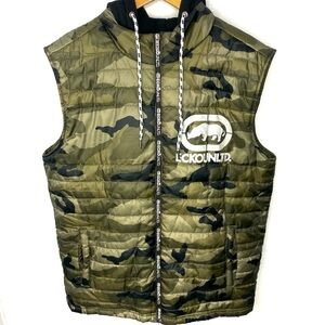 Ecko ULTD Men’s Full Zip Green & Black Camo Puffer Vest With Built In Hoodie XL